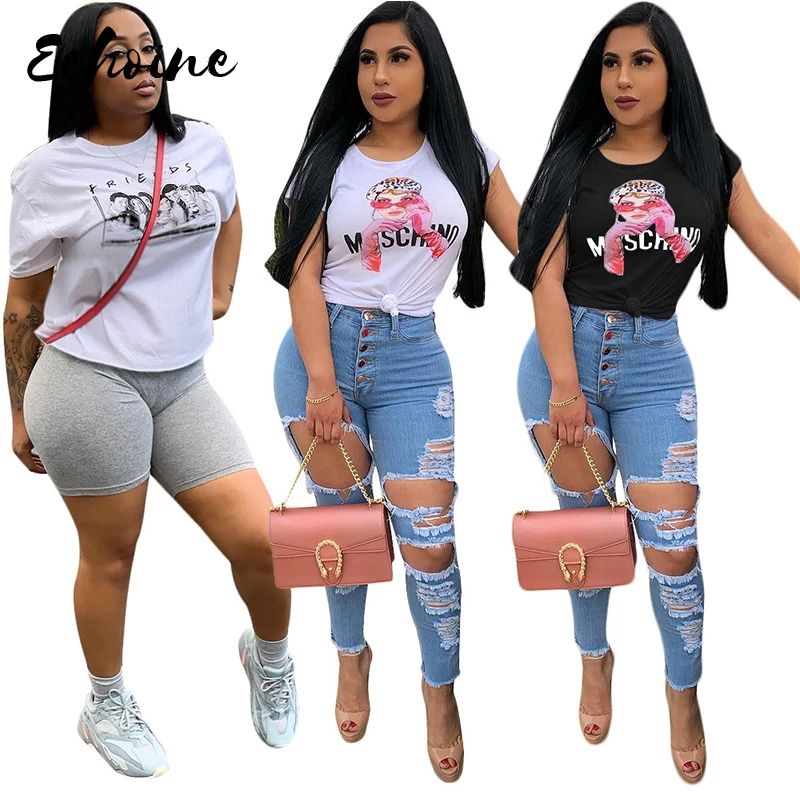 Echoine Women Casual O Neck Short Sleeve Letter Cartoon Character Printed Pullover T Shirts Tops Streetwear | Женская одежда