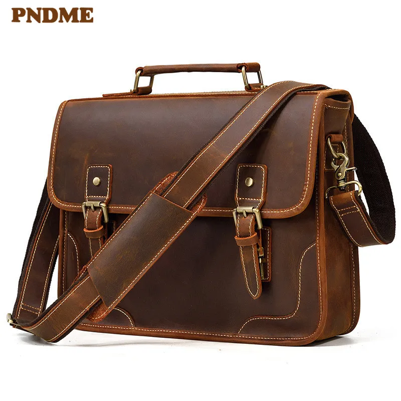 High quality natural genuine leather men's briefcase business handbag Crazy horse cowhide lawyer laptop shoulder messenger bag