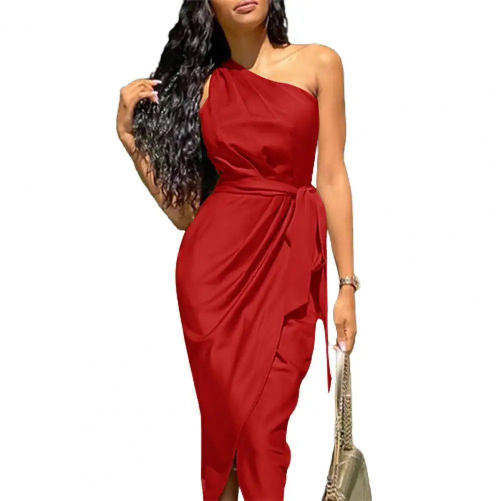 

Summer Women Dress Solid Color Slanted Shoulders Bodycon Dress Elegant Casual Split Hem Dress Banquet