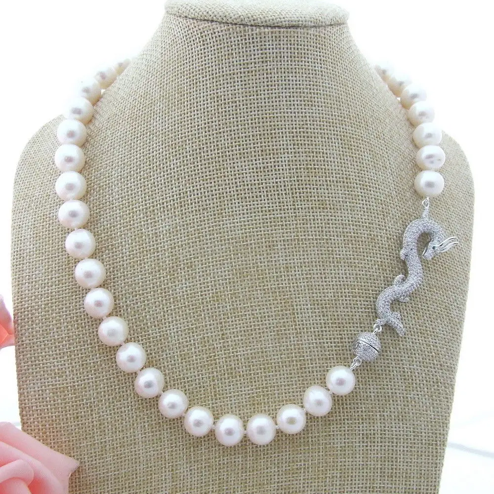 

NEW Fancy Design Natural freshwater pearls 18" White 9-10MM Pearl Necklace CZ Dragon Clasp