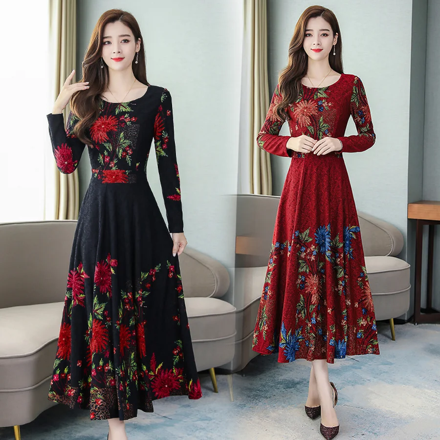 2019 винтажные черные платья макси с цветочным принтом осень зима 3XL плюс размер