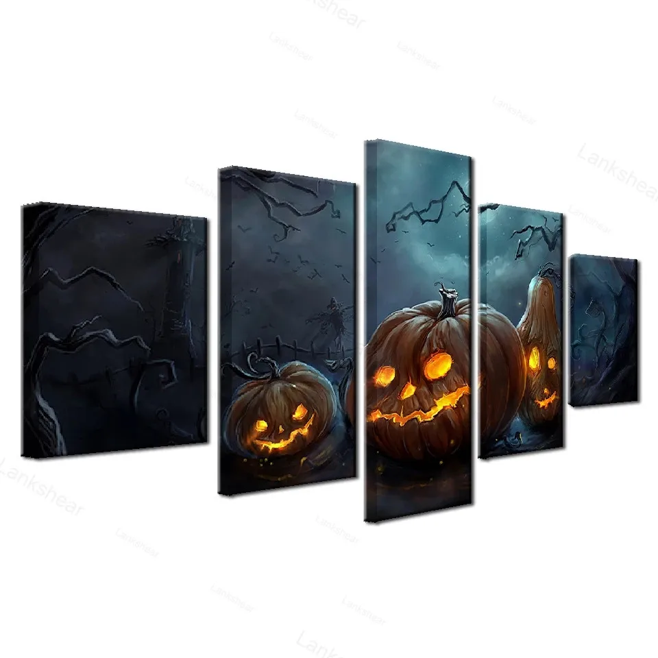 

Modern Hd Prints Wall Art Canvas Paintings 5 Pieces Halloween Pumpkin Grimace Home Decor Living Room Modular Pictures Poster