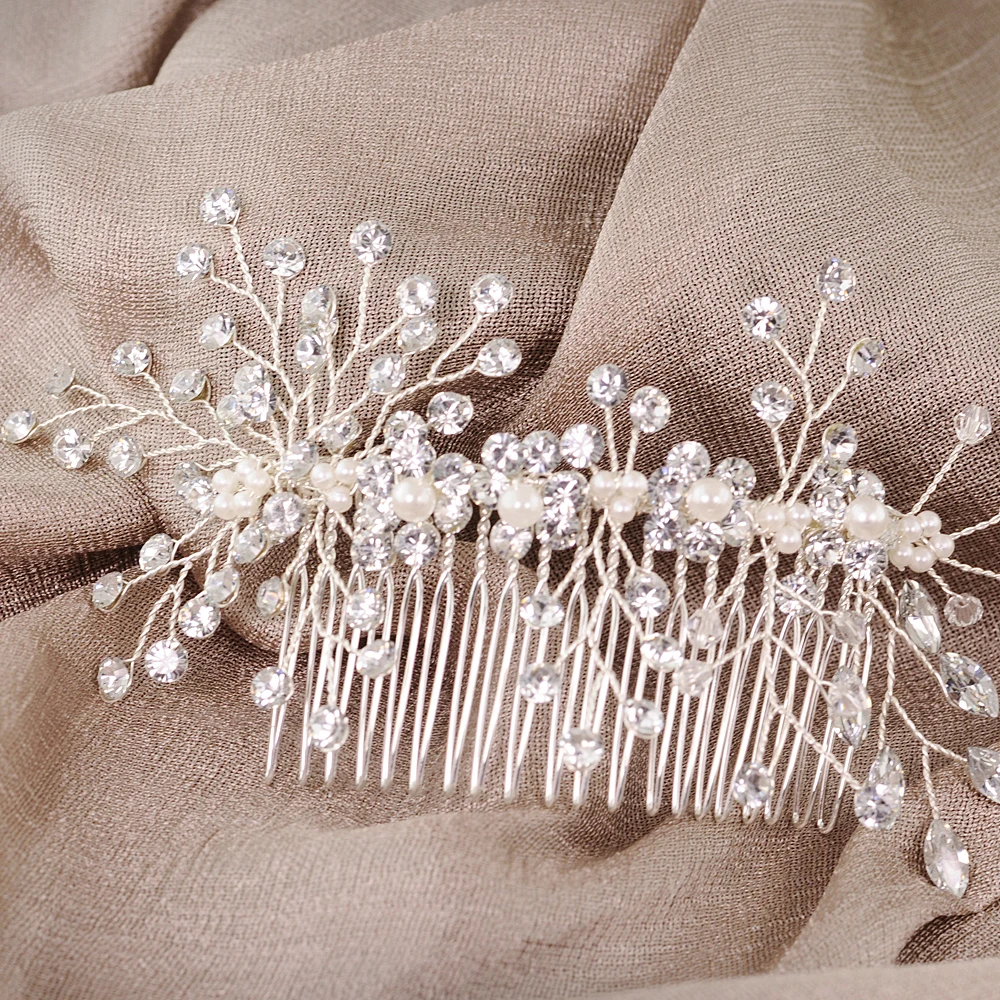 

AMORARSI HP15 Silver Rhinestone and Pearl Bride Wedding Hair Comb Girl Bridesmaid Hair Accessories Woman Headwear Handmade