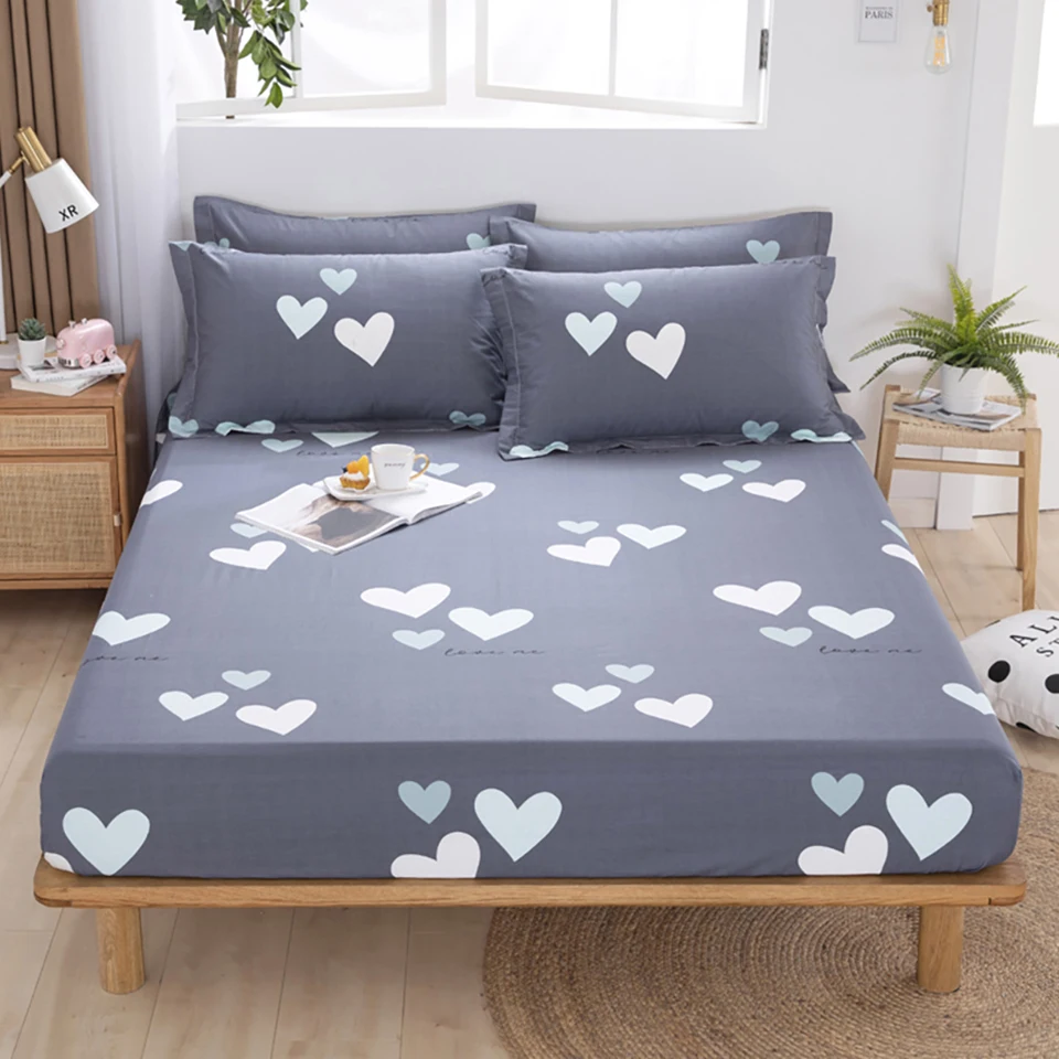 

1 PCS 100% Cotton Fitted Bed Sheet Heart Style Mattress Protector drap housse King Queen Size Bed Linen (No Pillowcase)