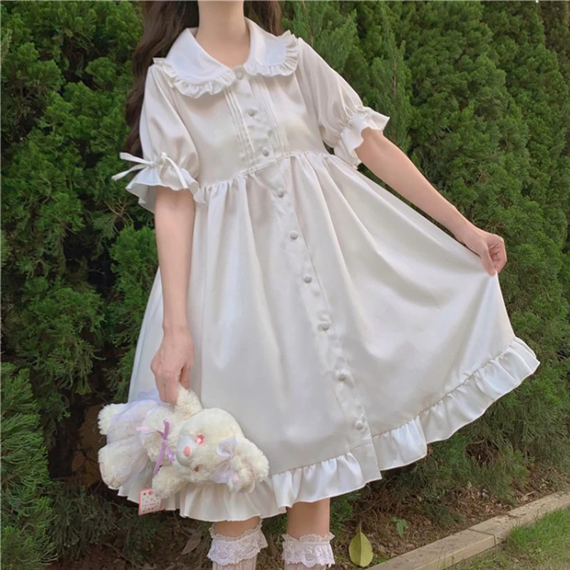 Vestido de diario Lolita blanco para adolescentes, Retro, Vintage, gótico, Victoriano, estilo japonés, para estudiantes de escuela, con volantes, princesa