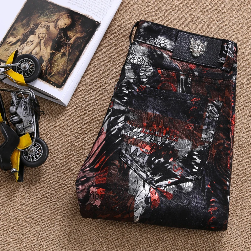 

New mens casual pants skinny men printing stretch slacks black pants trousers streetwear hip hop Summer Spring