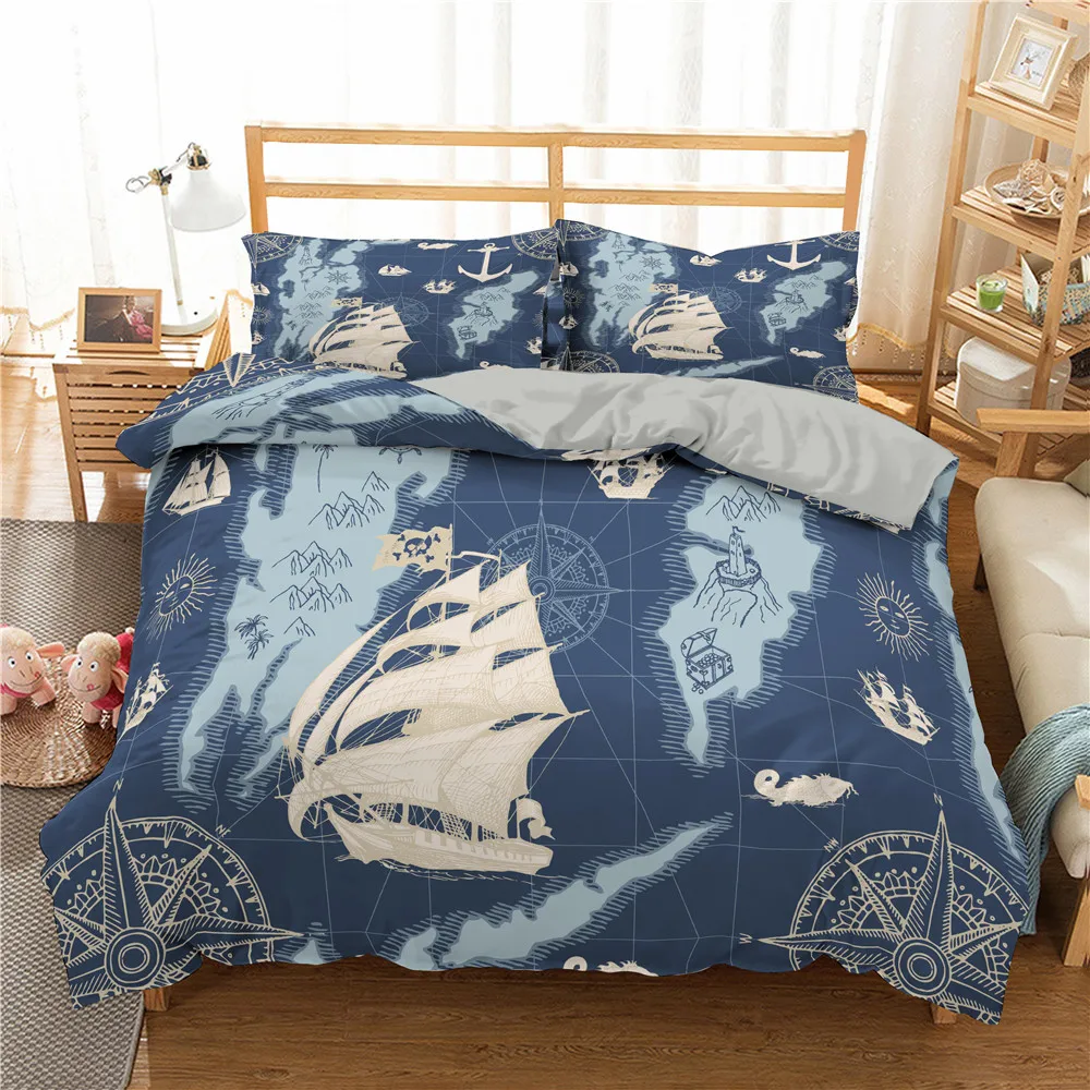 

3D Bedding Set Retro Map Compass Duvet Cover King Queen Bed Cover With Pillowcase Nautical Adventure Bedclothes Single Twin Size