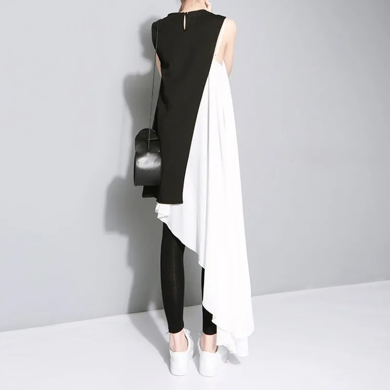 

New Spring Loose Solid Color Round Collar Sleeveless Women's Irregular Dress Personalized Stitching Two-piece Dress High Street