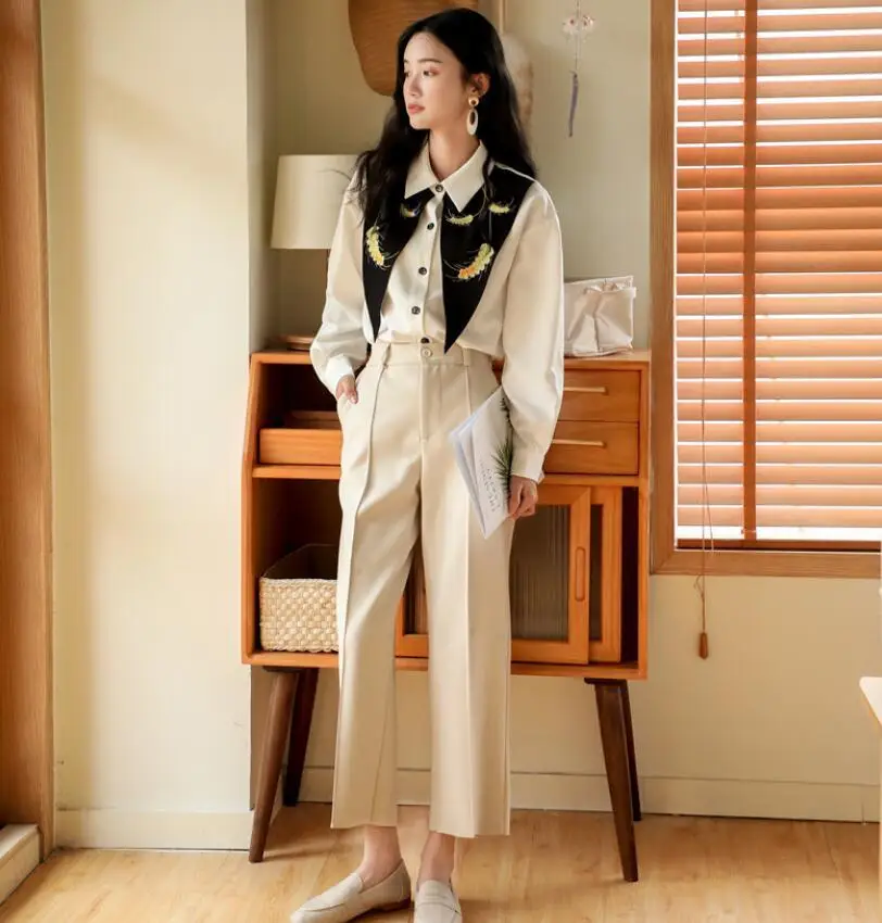 

2021 new women's sharp collar white shirt with black collor decorate blouse long sleeve shirt women shirts blouses dropshipping
