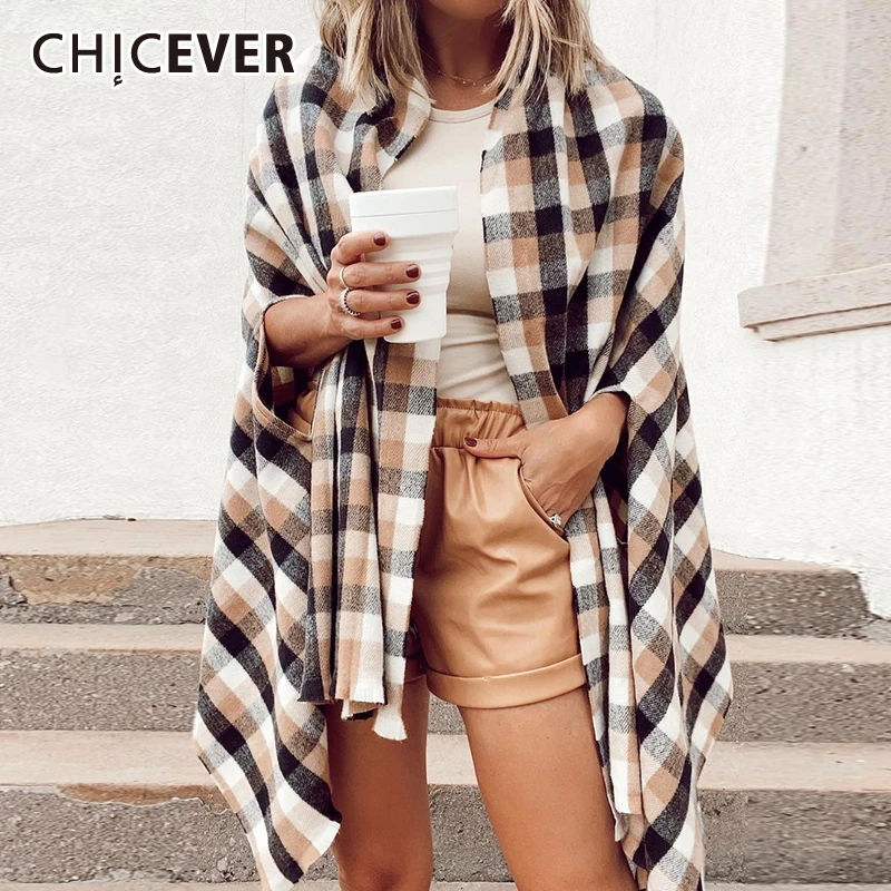 

CHICEVER Casual Gingham Colorblock Coat For Women Open Stitch Batwing Sleeve Loose Coats Female Fashion Clothing 2021 New Style