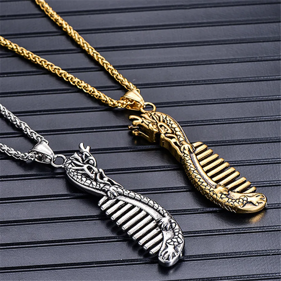 Новый панк дракон гребень кулон ожерелье для мужчин/женщин золотой цвет