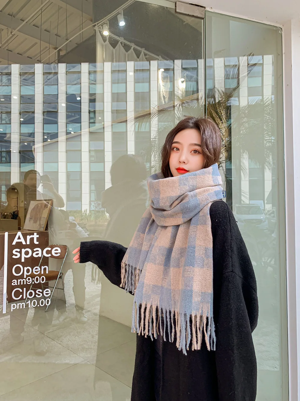 

Winter Warm Japanese Tassel Designer Women Shawl Scarf 2021 New All Match Plaid Two-sided Thicken 3 Colors Scarf