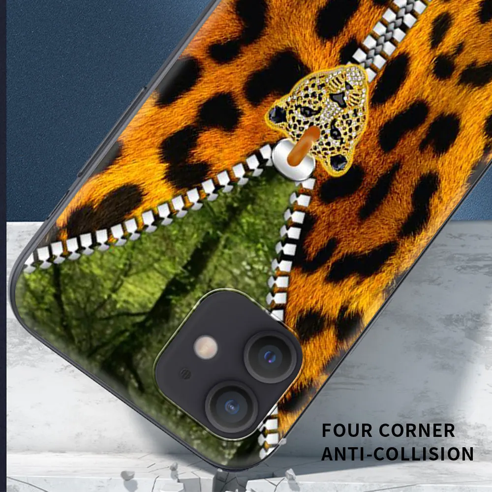 

Leopard Print Zippers Diamon Phone Case For iPhone 12 11 Pro Xs Max X XR 7 8 Plus SE Mini Cover Silicone Shell Funda Fashion Art