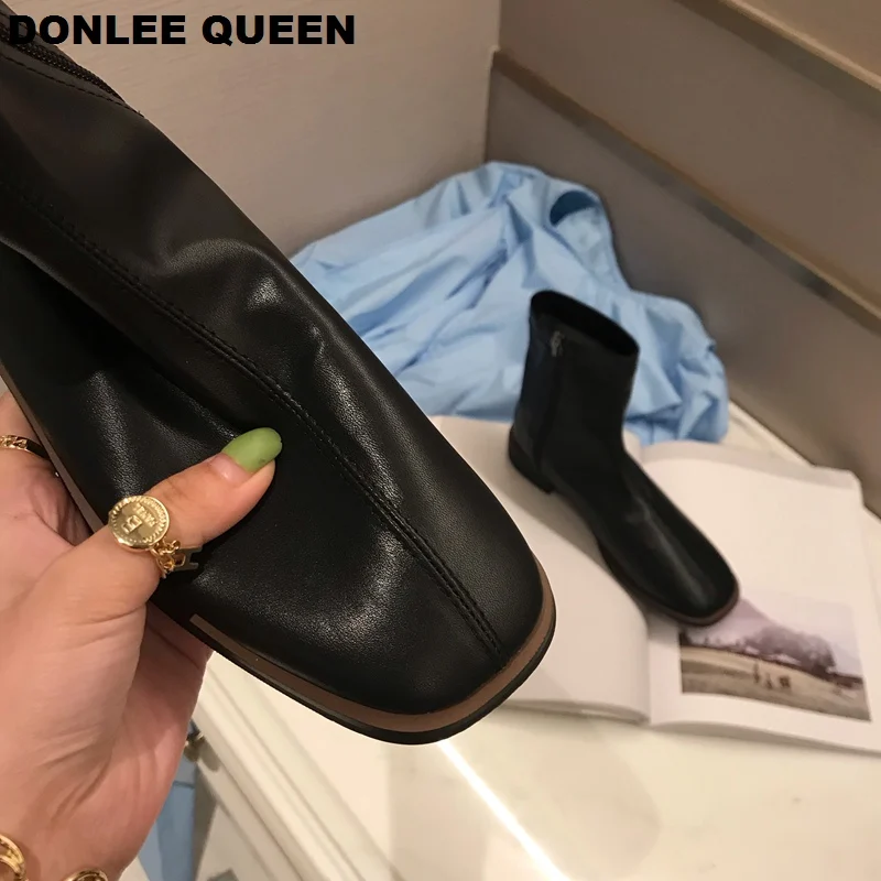 2019 Fashion Women Ankle Boots Flat Heel Square Toe Zipper Solid Female Shoes Casual Soft Black zapatos mujer | Обувь