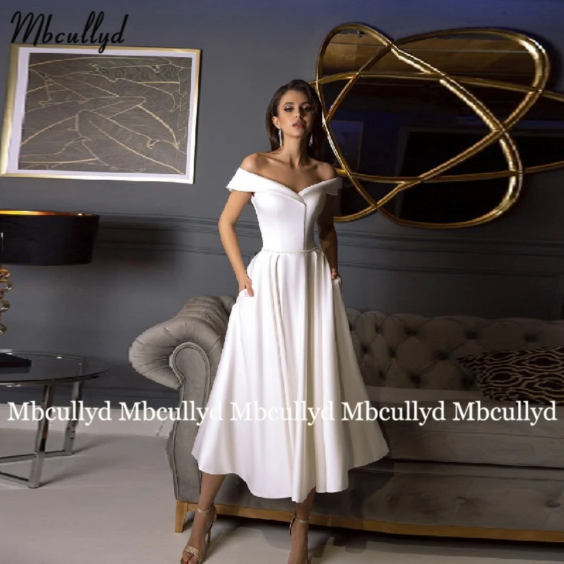 

Sexy Short Wedding Dress Off Shoulder V Neck Satin Bridal Dresses with Pockets Beaded Sashes A Line Vestidos De Noiva Bride Gown