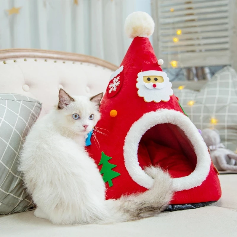 

Семейная кровать для домашнего питомца, Рождественская шляпа, домик для кошки, мягкая плюшевая Лежанка для щенка, маленькая спальная кроват...