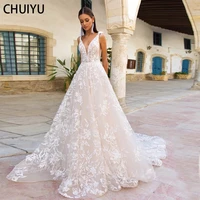 herburnl elegant sweep train a line wedding dress lace appliques tulle bridal sleeveless long for women party evening