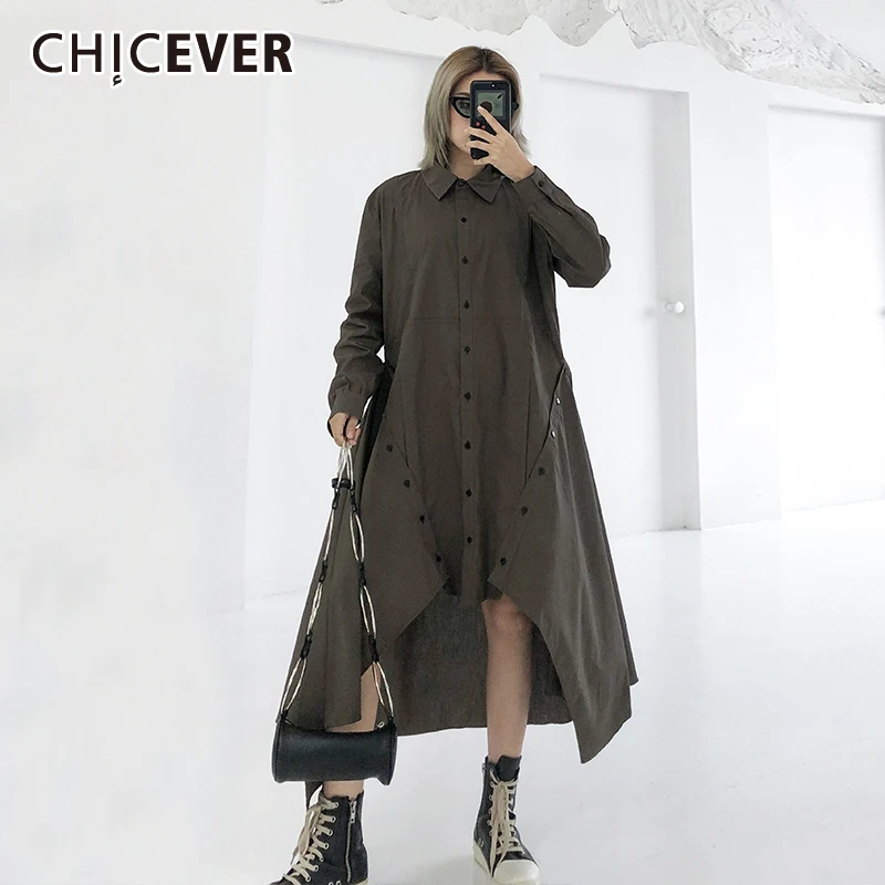 CHICEVER корейский шов Асимметричный платье для женщин с отворотом длинным рукавом