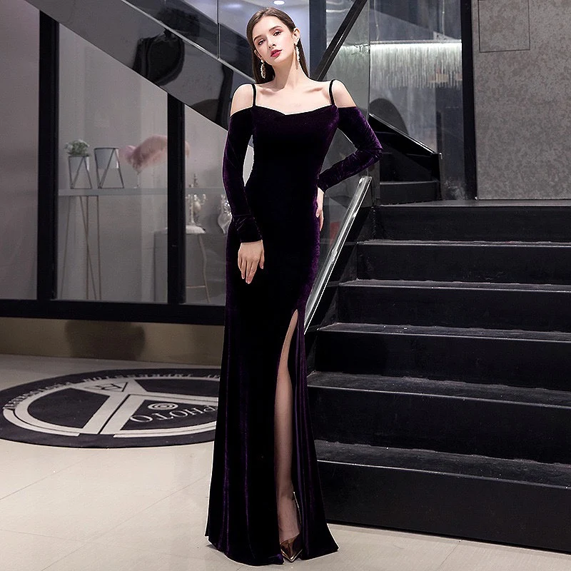 

Purple Velvet Celebrity Dresses Long Sleeve Spaghetti Straps Slit Boat Neck Mermaid Wedding Guest Party Formal Prom Dresses New