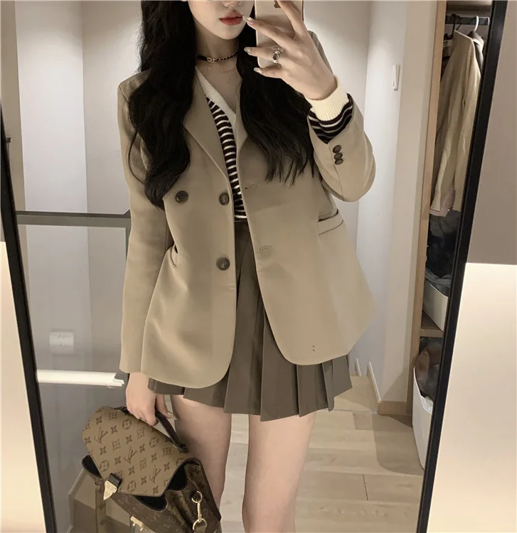 Кофейный повседневный костюм пальто женский новый корейский свободный с длинным