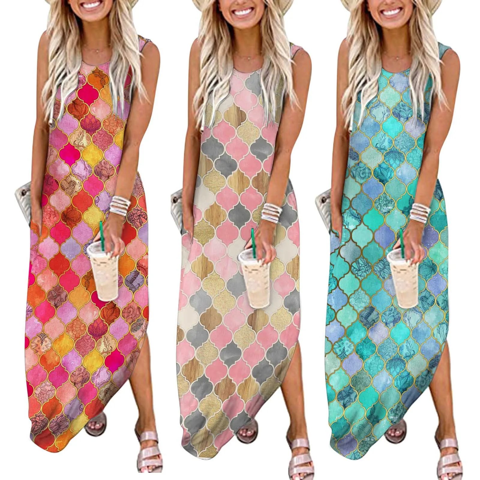 

С геометрическим принтом летнее платье для женщин, повседневные платья без рукавов с круглым вырезом модная женская обувь размера плюс дли...