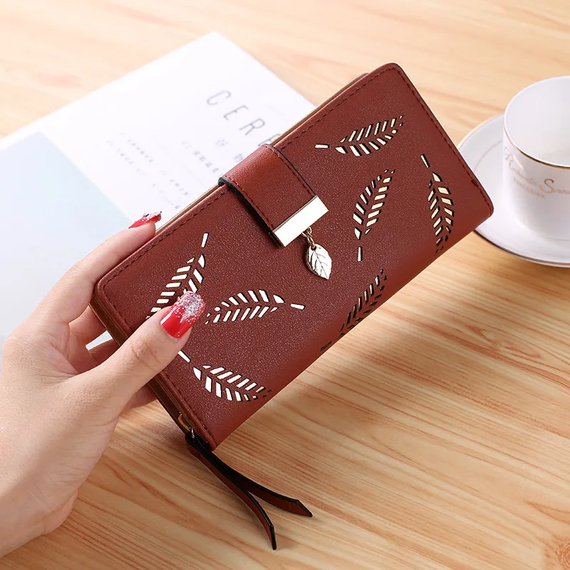 coffee Женский кошелек женский длинный кошелек золотой полый портмоне с узором из листьев Сумочка для женщин кошелек для монет держатели для карт Cartera Mujer - Цвет: coffee