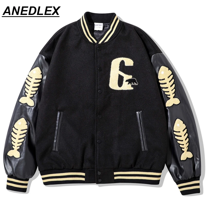 

Harajuku Streetwear Baseball Jackets Alphabet Fishbone Embroidery Bomber Coats Fashion Hip Hop Casual Loose Men Tops Outerwear