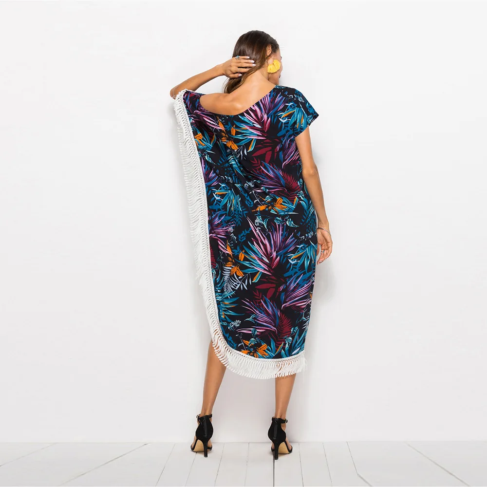 

Hirigin 2019 New Women Tassels Bikini Cover Ups Flowear Printed Sexy One Shoulder Women Beach Long Dress Summer Bathing Suit Hot
