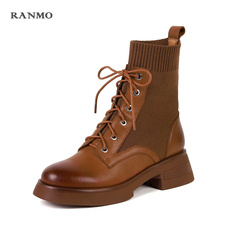 

Women Shoes Cross-Tied Women Ankle Boots 2021 Autumn Winter Platforms Genuine Leather Fashion Leisure Thick Heels Shoes Woman