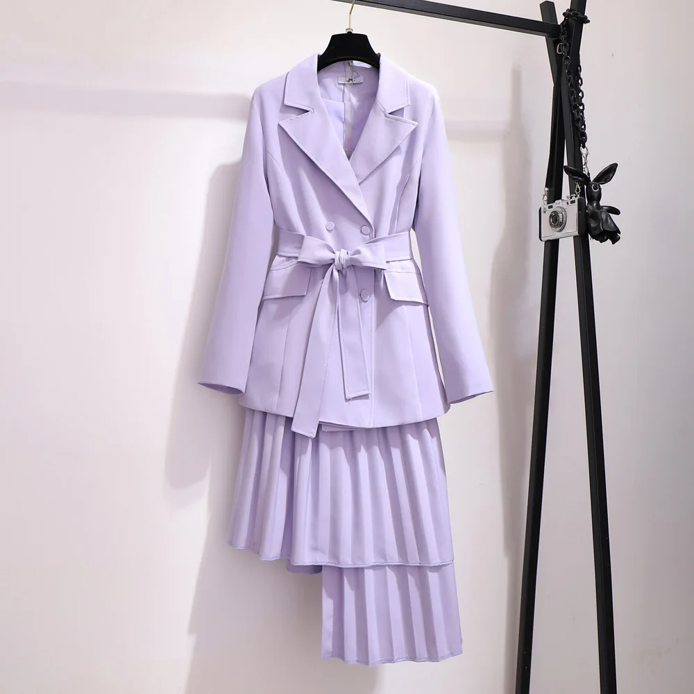 Фиолетовый 2XL~ 6XL Женский комплект из 2 предметов, многослойный костюм, Осень-зима, необычная юбка, костюм-двойка, блейзер с поясом и длинным рукавом, B717 - Цвет: Фиолетовый