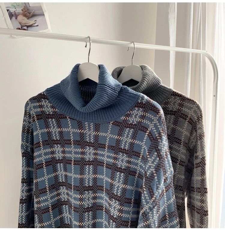 Winter Turtleneck Sweater Men's Warm Fashion Casual Retro Knit Pullover Men Streetwear Plaid Sweater Male Sweter Clothes