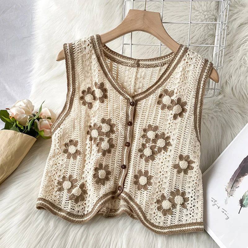 

Жилет женский трикотажный, с цветочной вышивкой, с V-образным вырезом, весна 2452