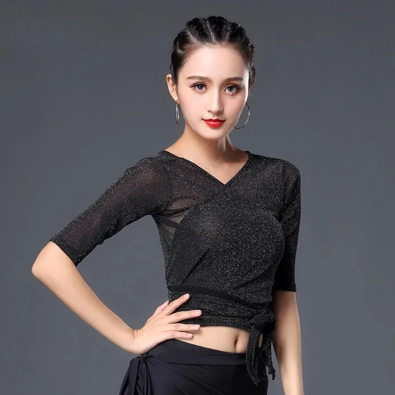 Женский тренировочный топ для латинских танцев черный сетчатый с коротким