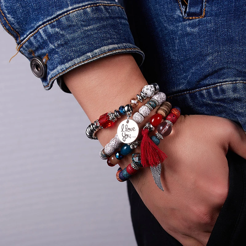 4 шт. набор Лавы камень молитва Бусы Будда Браслеты из бусин кисточкой крыло