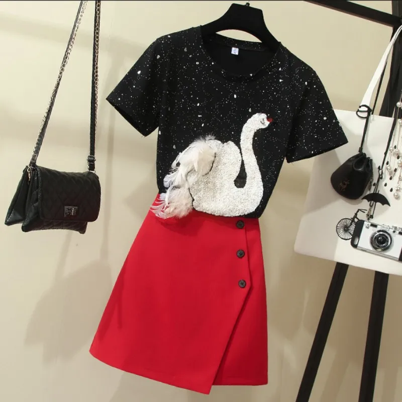 Женские комплекты из двух предметов черная футболка с коротким рукавом и