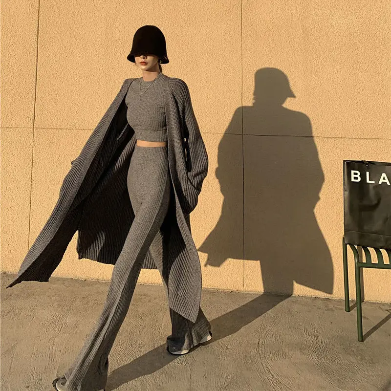 

Autumn Women's Knitted Tracksuit Women Fashion 3 Pieces Set Long Sleeve Cardigan + Knitted Sweater + Long Elastic Pant Suit Q787