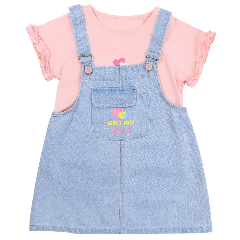 

Summer Girls' Clothing Sets Print Short Sleeve Top+denim Overalls Dress Baby Kids Clothes Suit Children Two Piece Sets Clothing