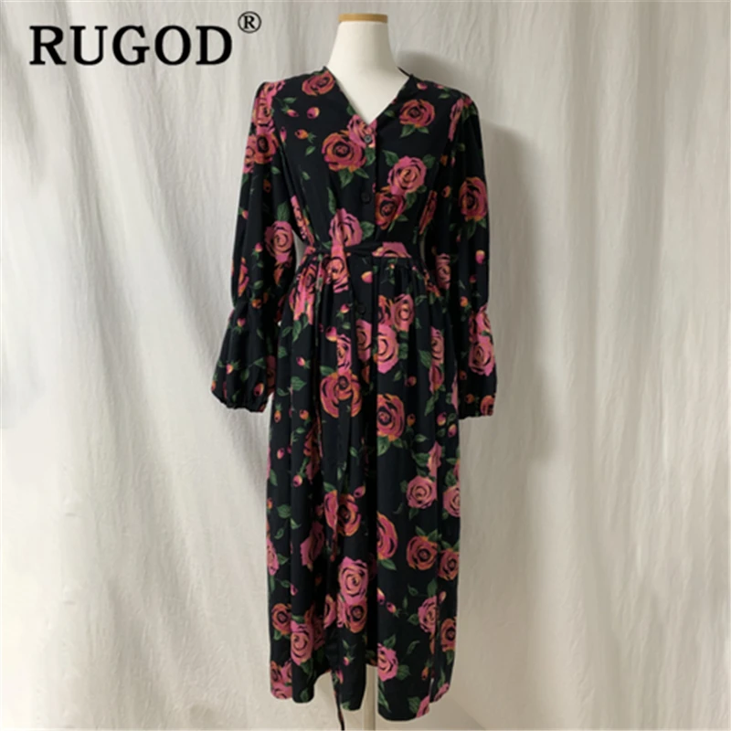 Женское платье с цветочным принтом RUGOD длинное винтажное однобортное на шнуровке