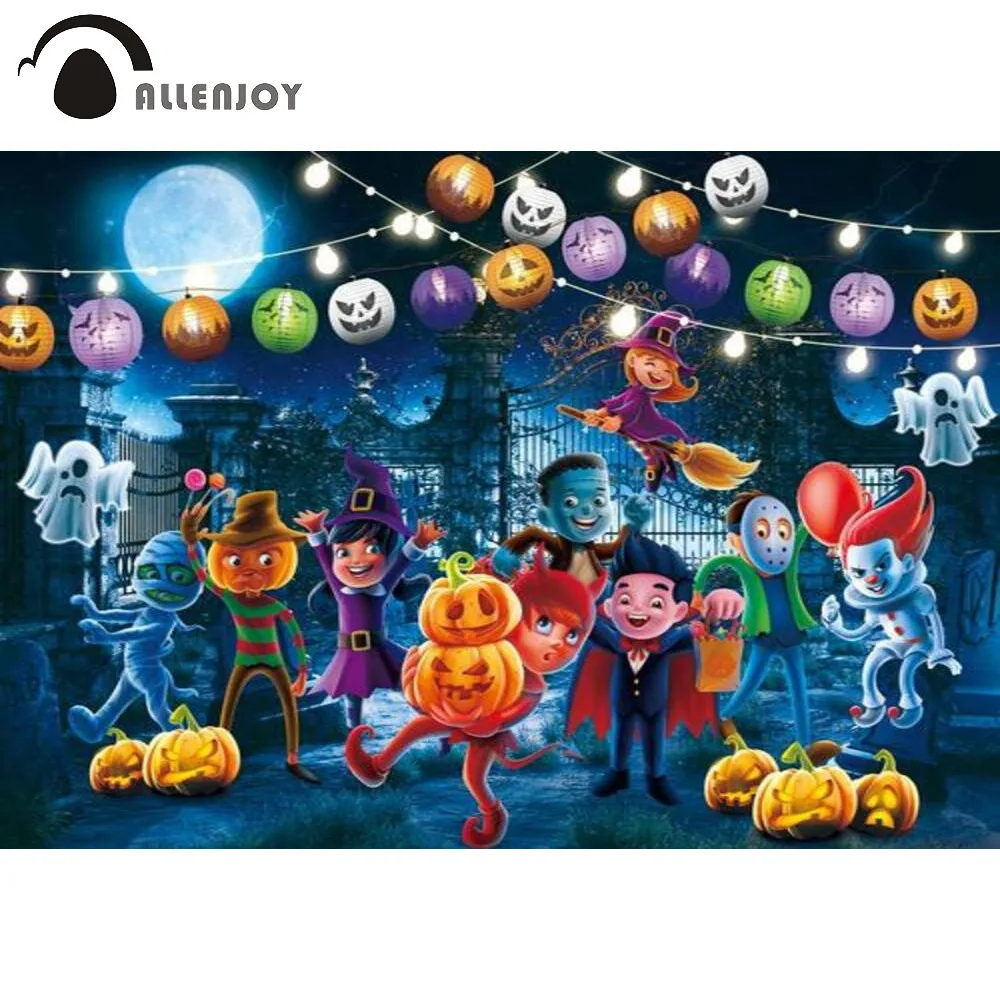 

Allenjoy Happy Halloween Children Party Pumpkin Lantern Background Moon Night Castle Ghost Witch Trick or Treat Backdrop