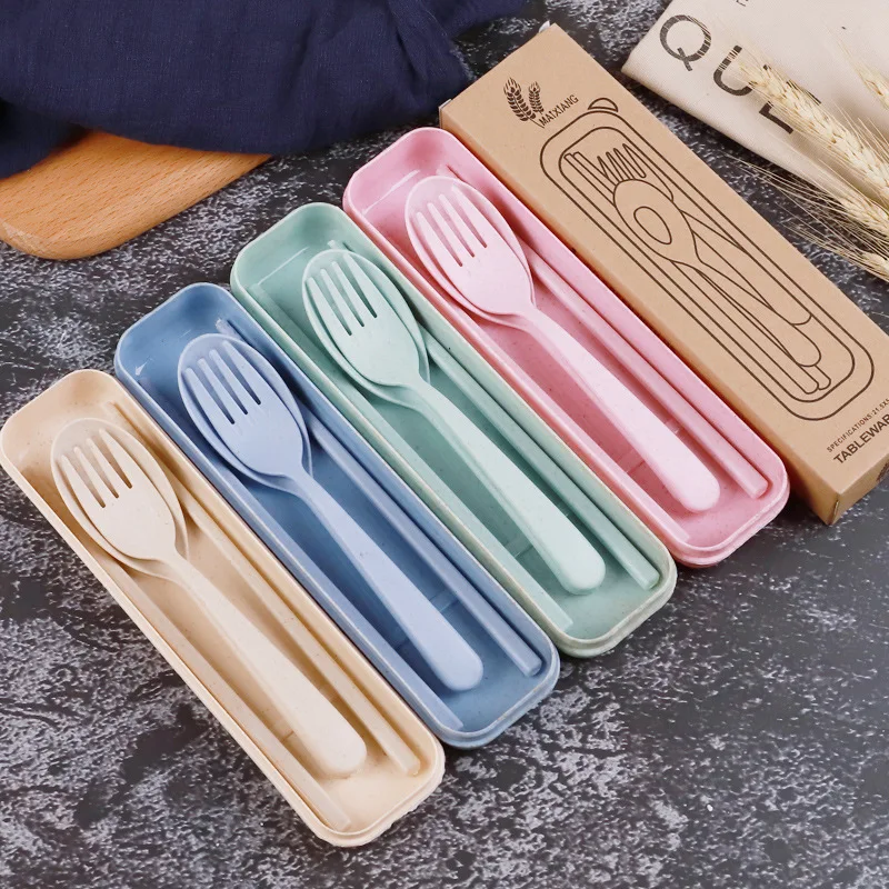 

3 On 1 Spoon And Fork Set Kitchen Chopsticks Flatware Cutlery Set Soup Spoon Dinner Travel Utensil Kids Children Wheat Straw PP