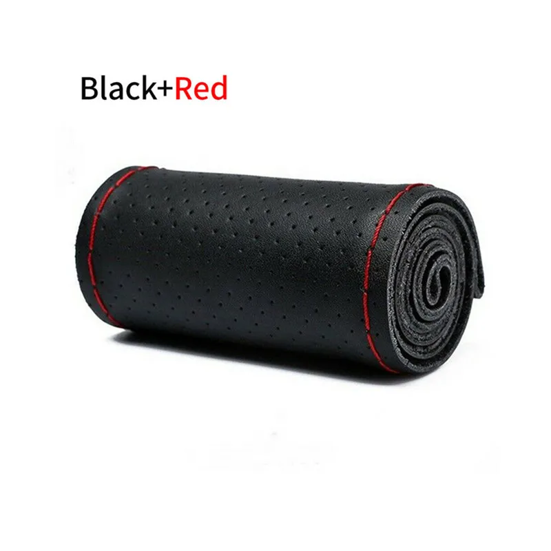Black Red-Full Hole Car Braid On The Steering Wheel 38 cm Hand Sewing Microfiber Leather Covers Auto Steering Wheel Cover - Название цвета: Black Red-Full Hole