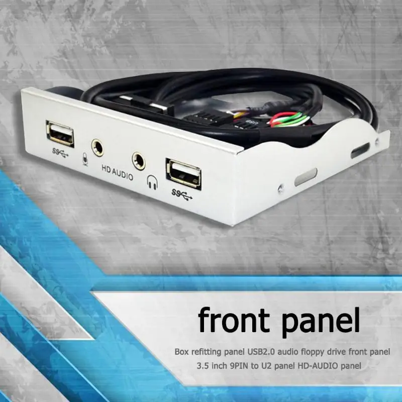 

3.5 inch 9Pin to 2 USB 2.0 Port HUB Splitter Floppy Bay HD Audio 3.5mm Earphone Jack Expansion Front Panel Rack for Computer PC