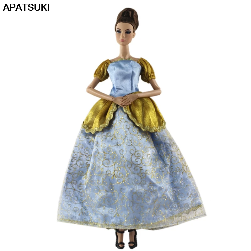 Вечернее платье с коротким рукавом-фонариком золотого цвета для куклы Барби