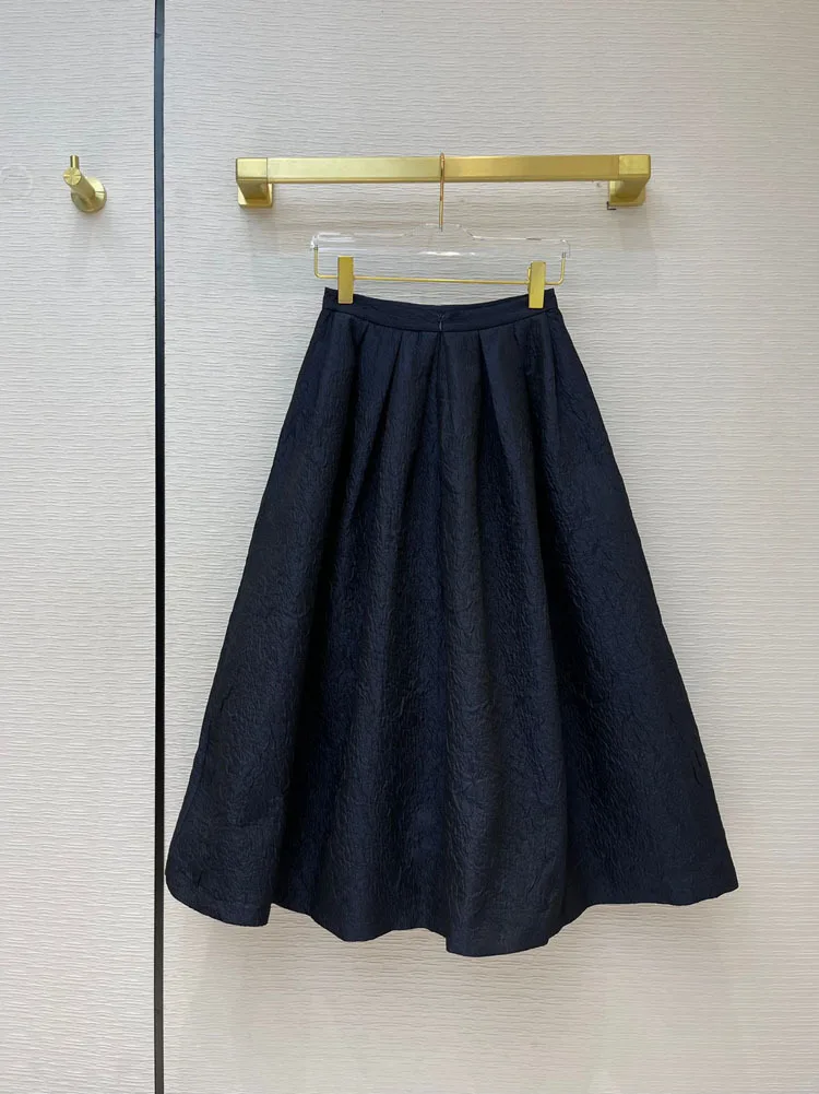 Elegant Dark Blue Skirts for Women Summer 2020 Fashion Big Hem Loose Pleated Skirts Luxury Texture Holiday Casual Skirts Lady