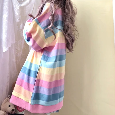 

New Spring Thin Round Neck Pullover Female Harajuku Kawaii Rainbow Sweatshirt Cute Oversized Striped Women Sweatshirts
