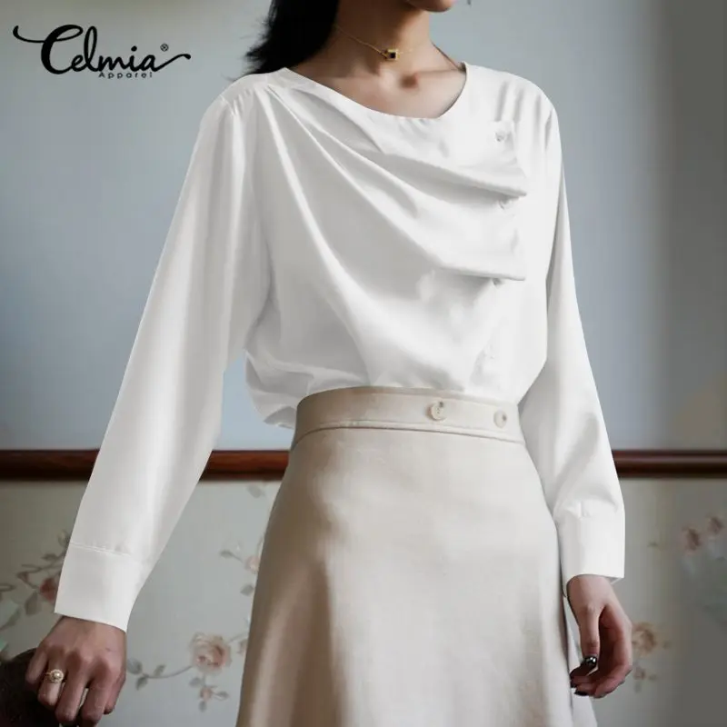 

Celmia 2021 модные атласные блузки, женские Асимметричные рубашки на пуговицах, винтажные повседневные Элегантные однотонные офисные Плиссиров...