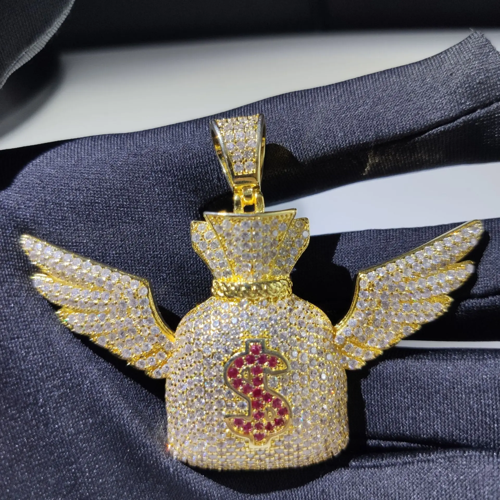 

Hip Hop US Dollar Money Bag Pendant Cubic Zircon Gold Silver Color Bling Angel CZ Mens Necklace Jewelry For Gift