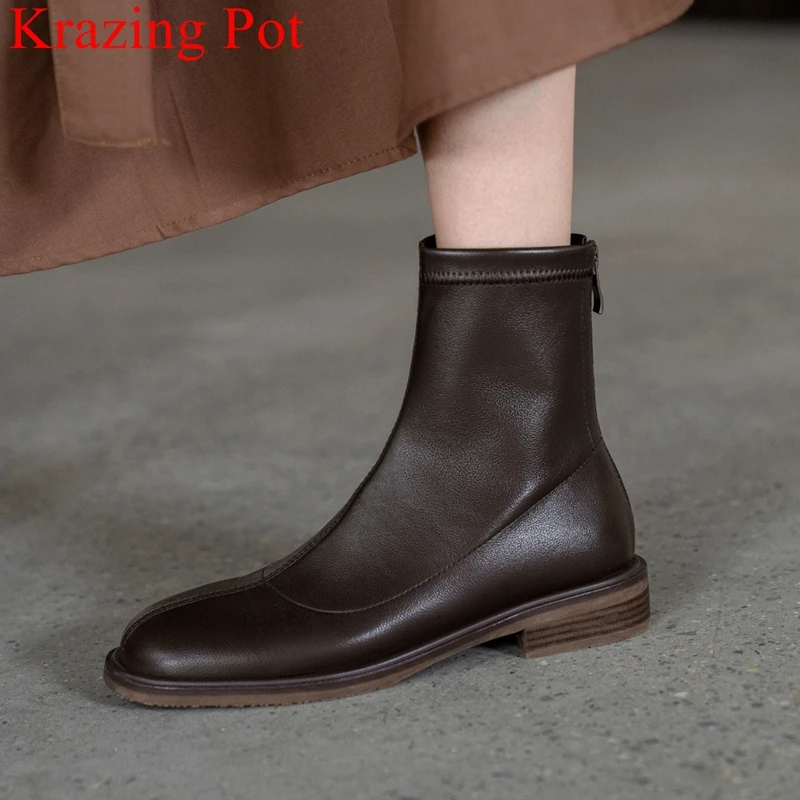 

Krazing Pot big size fashion sewing med heel stretch boots warm winter shoes zipper solid brand elegant office lady ankle boots