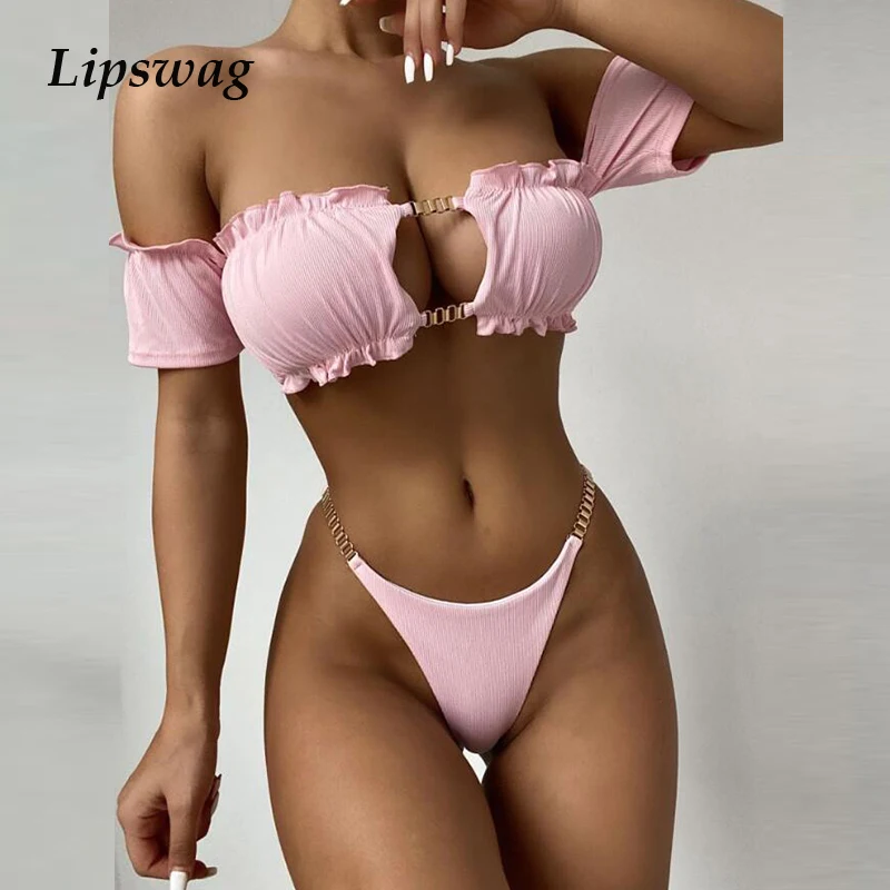 

Женский раздельный купальник на одно плечо, однотонный раздельный купальник с пряжкой и заниженной талией, 2021