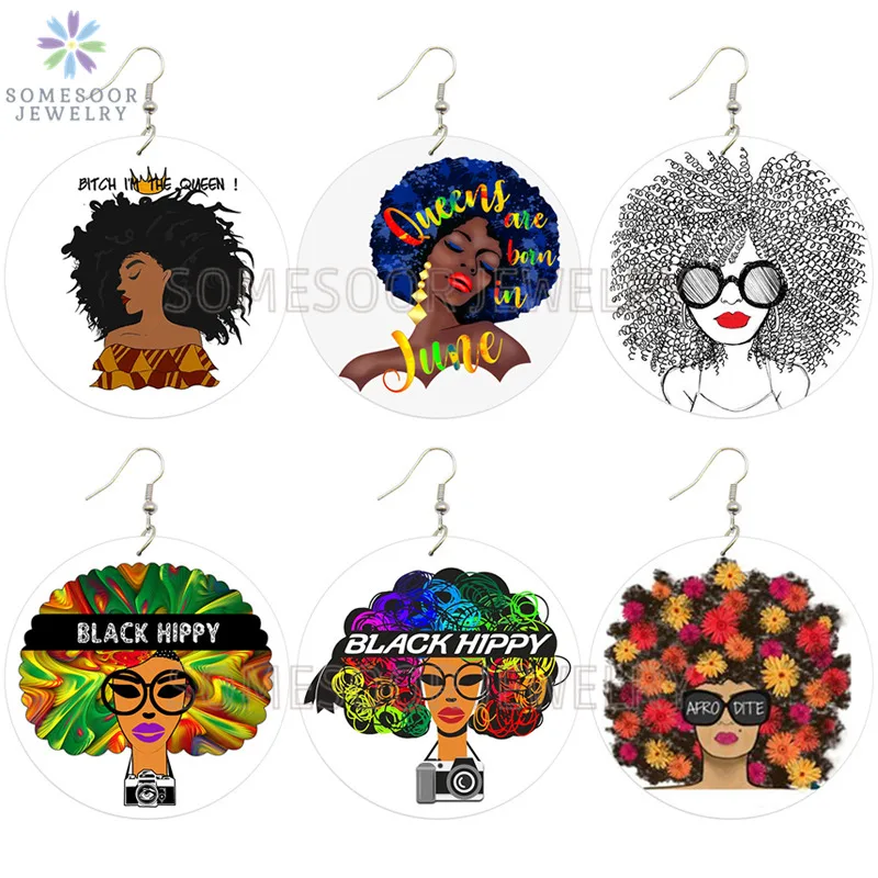 SOMESOOR афро дит натуральные волосы деревянные серьги капли хиппи Черная Королева